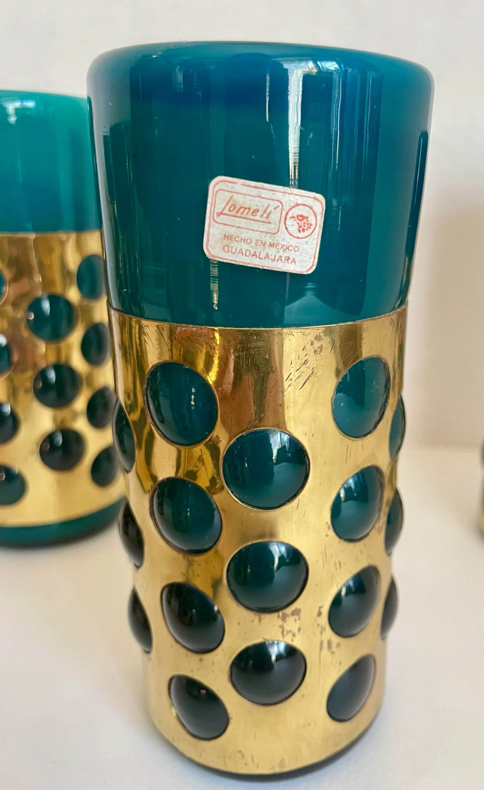 Mid 20th Century Mexican Hand-Blown Caged Blue Art Glass and Brass Glasses Made by Jomeli - Set of 6 - 5