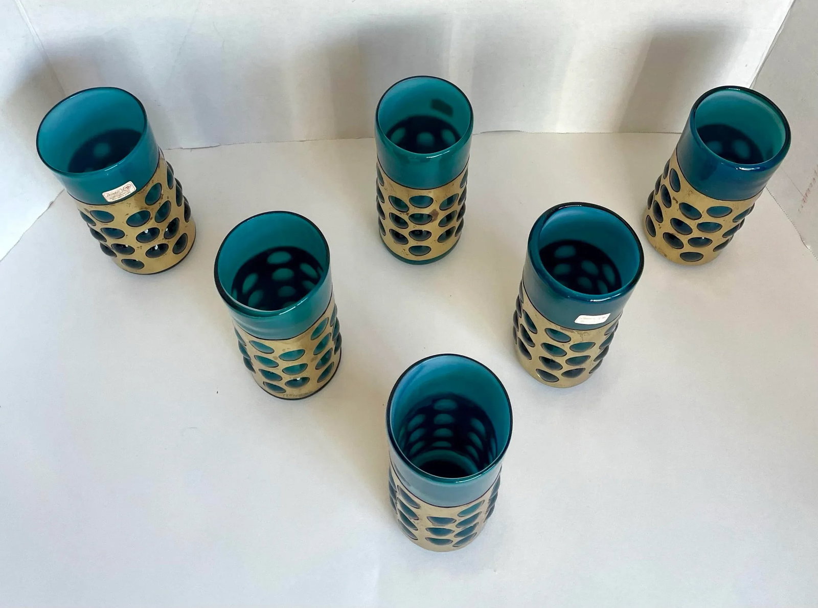 Mid 20th Century Mexican Hand-Blown Caged Blue Art Glass and Brass Glasses Made by Jomeli - Set of 6 - 6