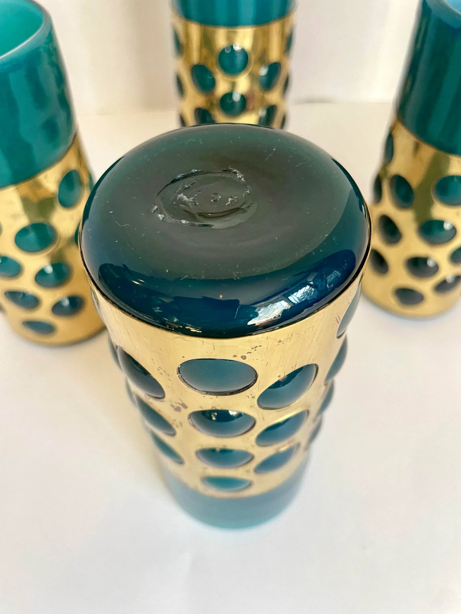 Mid 20th Century Mexican Hand-Blown Caged Blue Art Glass and Brass Glasses Made by Jomeli - Set of 6 - 8