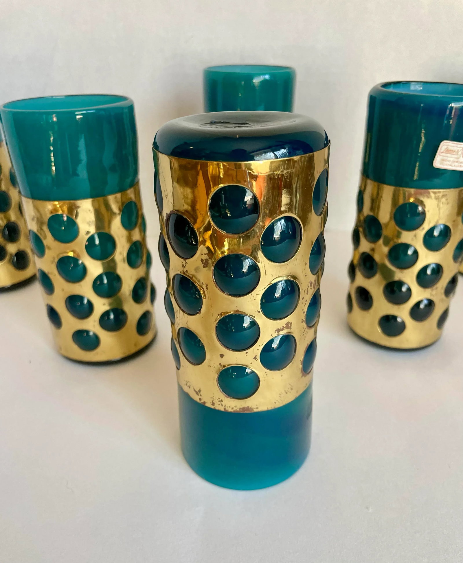 Mid 20th Century Mexican Hand-Blown Caged Blue Art Glass and Brass Glasses Made by Jomeli - Set of 6 - 9