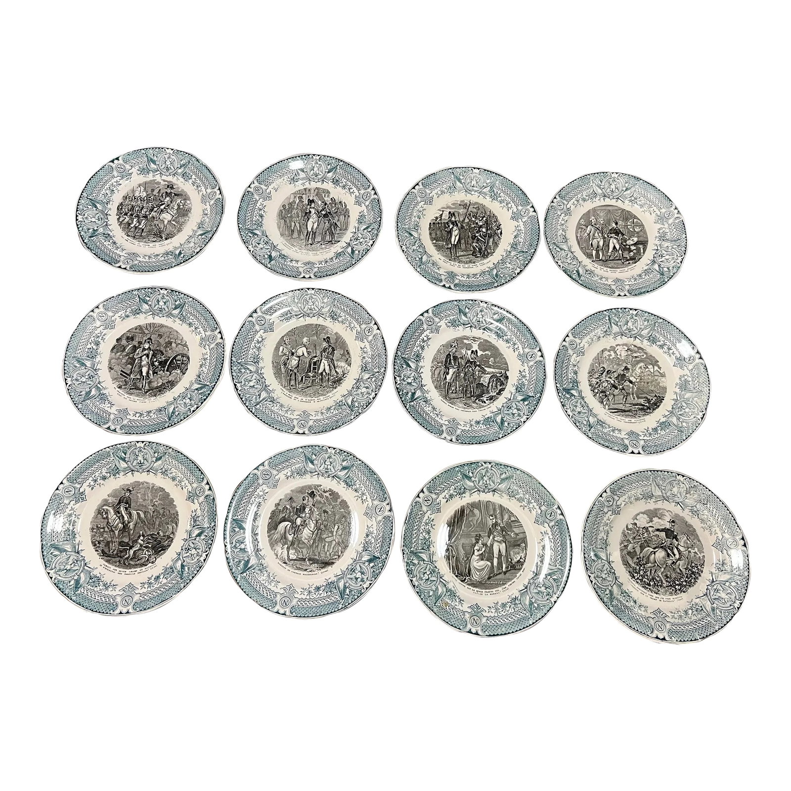 Set of 12 Antique Napoleon French Digoin & Sarreguemnes Plates, Circa 1880's: A Set of 12 Antique Napoleon French Digoin & Sarreguemines Plates, Circa 1880's Made in France by Digoin & Sarreguemines circa 1880-1900 12 plates with a blue/green transfer printed border, and a blac