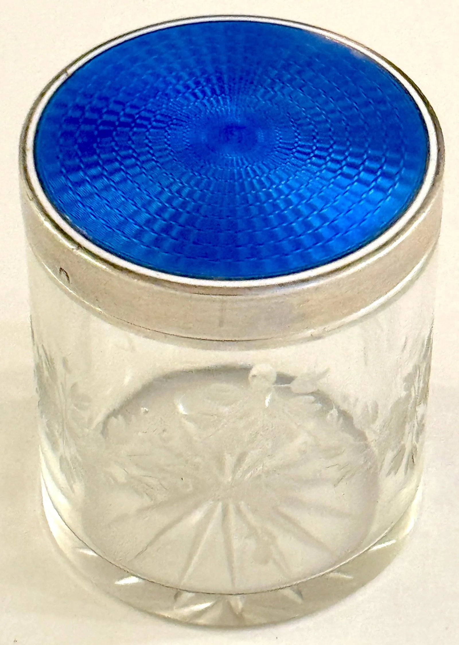 Round French Silver Deep Blue Guilloché Enamel & Crystal Table Box - 3