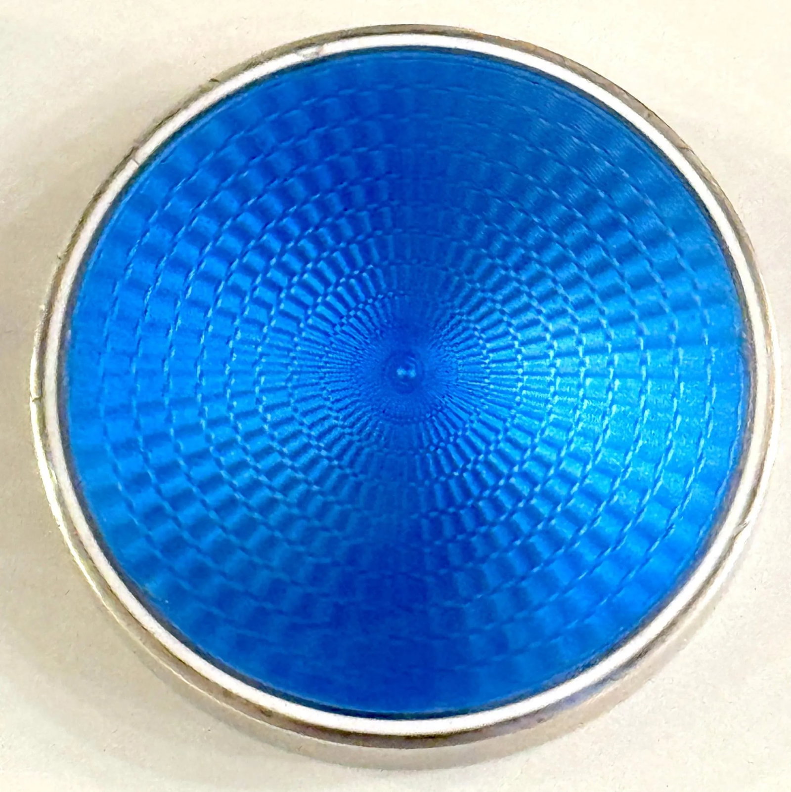 Round French Silver Deep Blue Guilloché Enamel & Crystal Table Box - 4