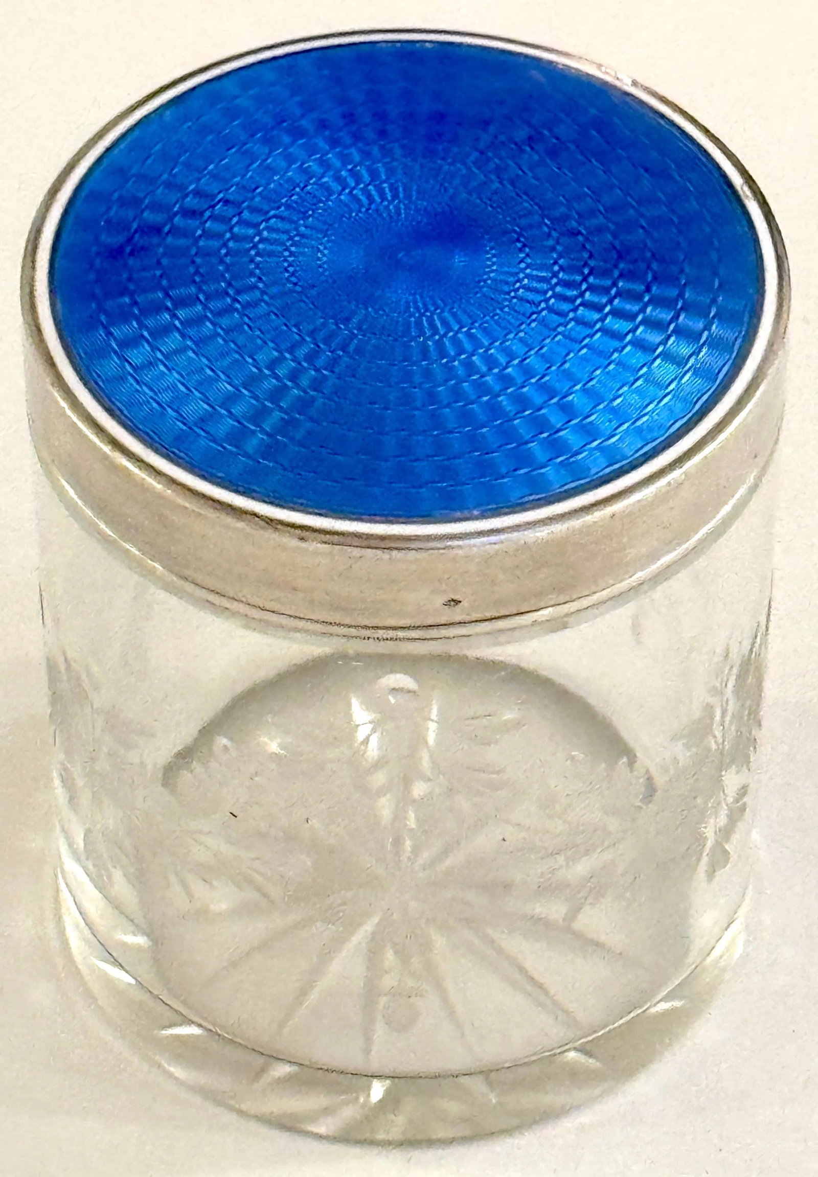 Round French Silver Deep Blue Guilloché Enamel & Crystal Table Box - 5