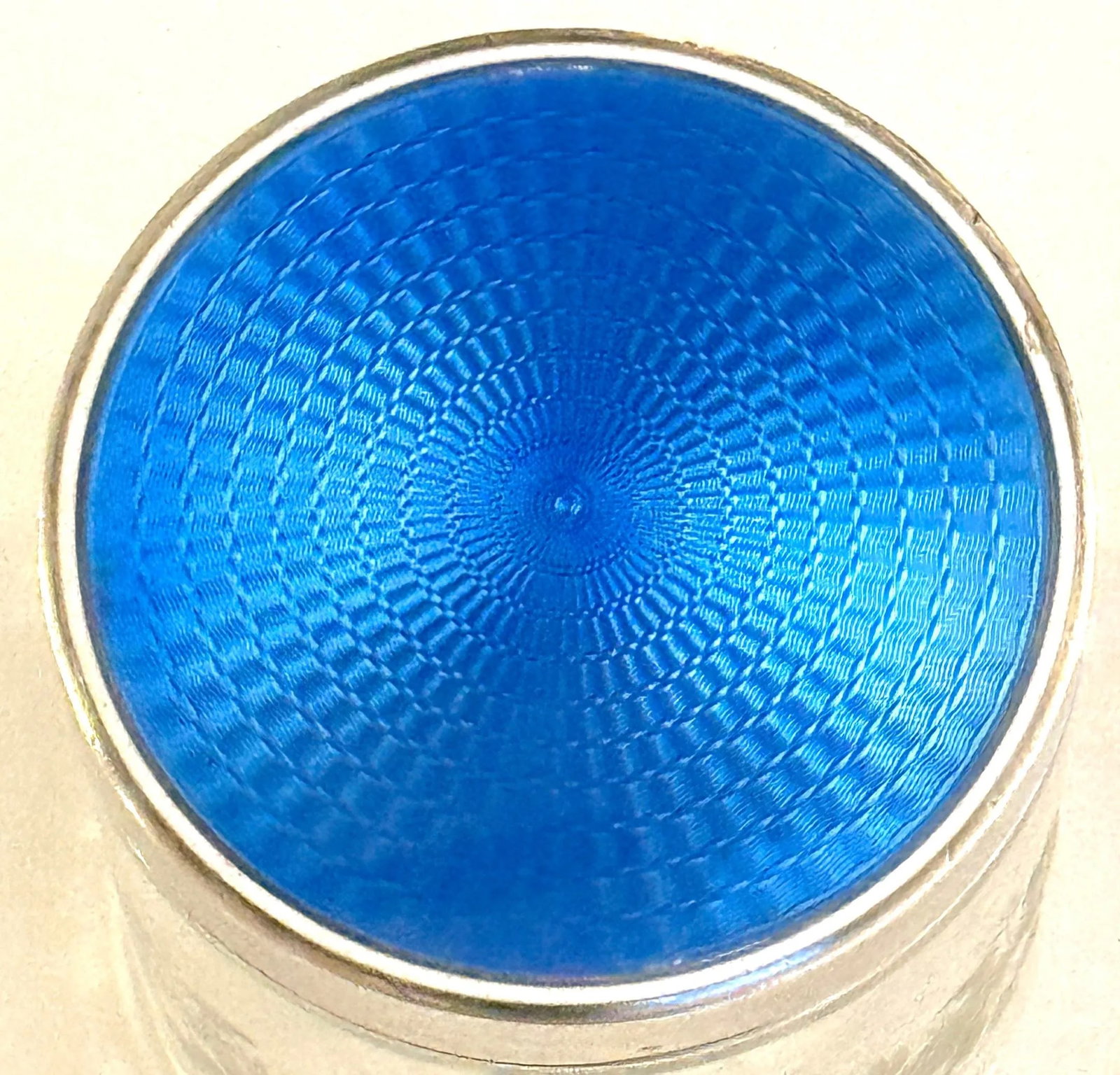 Round French Silver Deep Blue Guilloché Enamel & Crystal Table Box - 6
