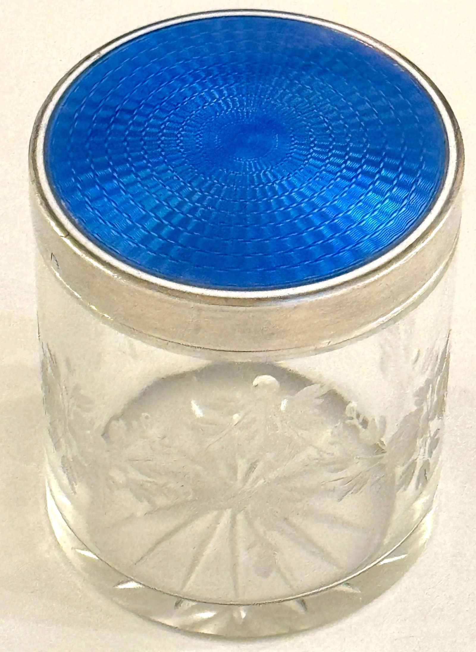 Round French Silver Deep Blue Guilloché Enamel & Crystal Table Box - 7