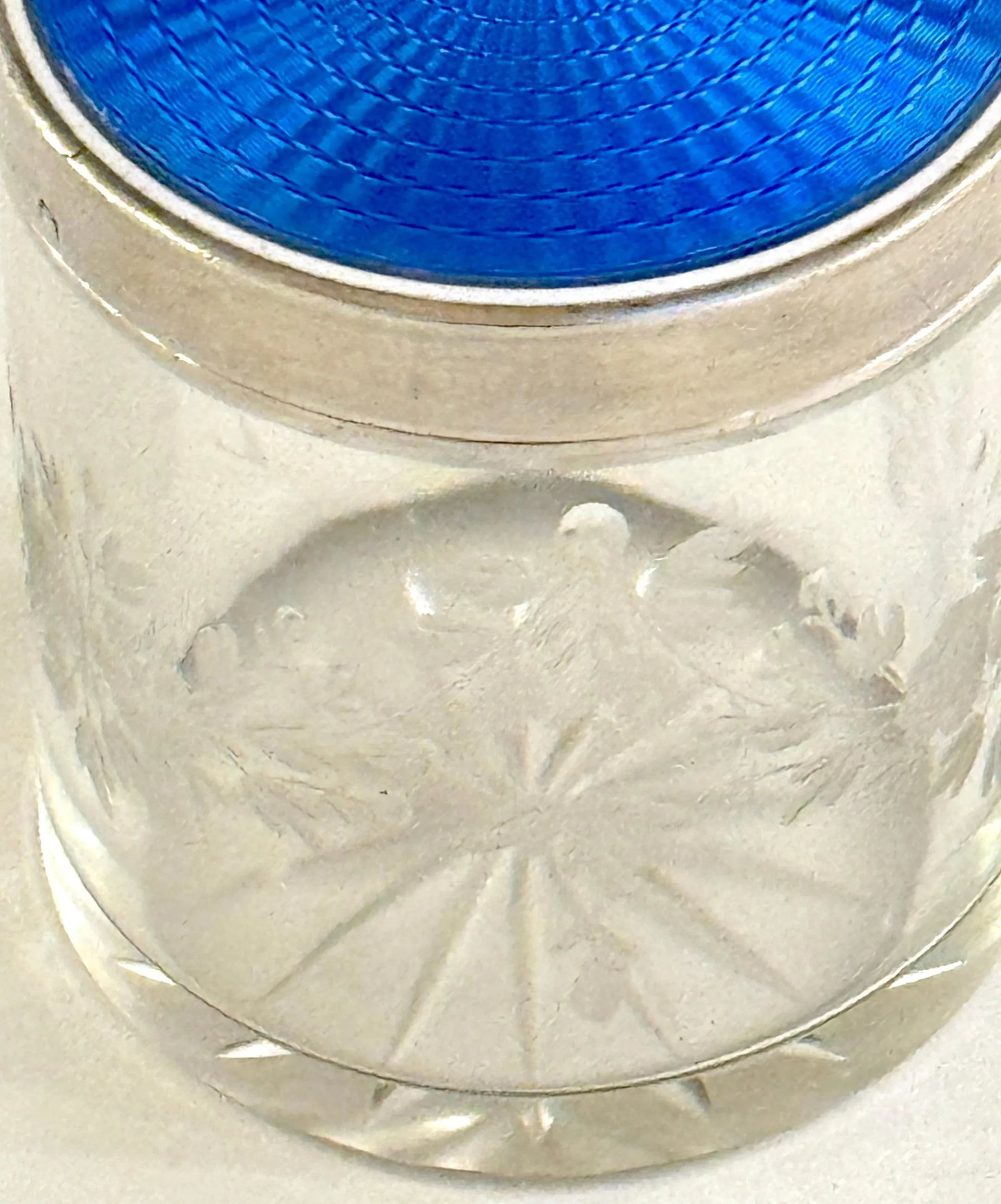 Round French Silver Deep Blue Guilloché Enamel & Crystal Table Box - 8
