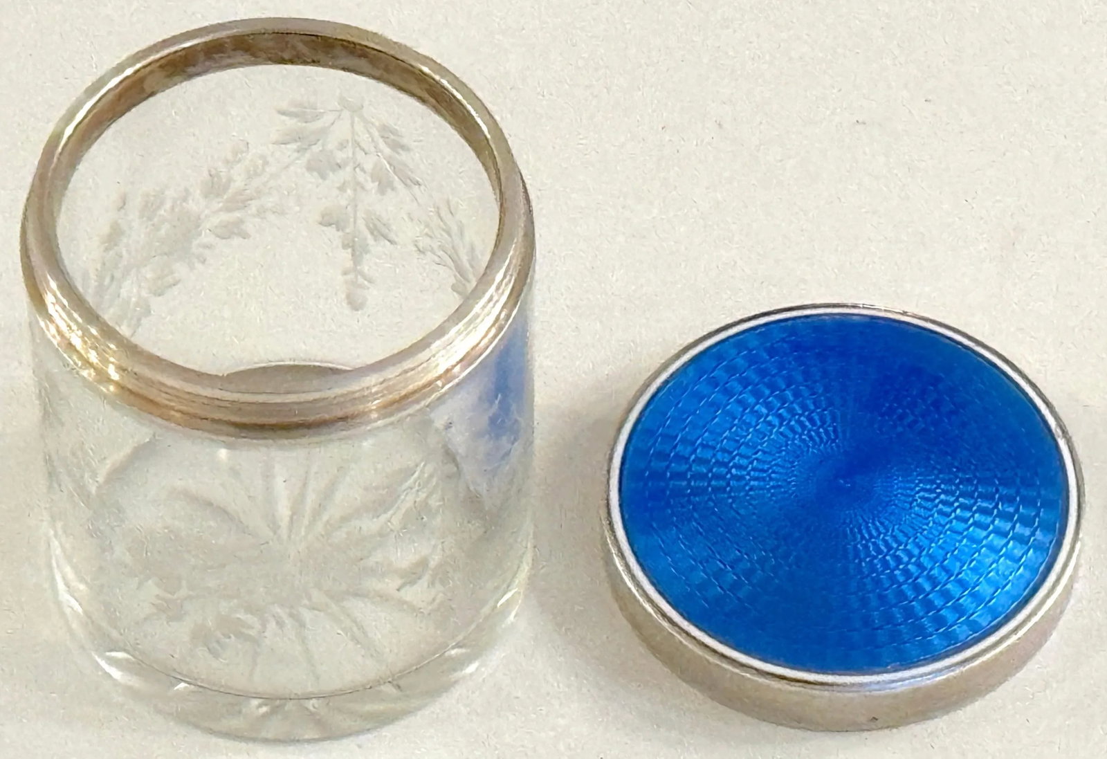 Round French Silver Deep Blue Guilloché Enamel & Crystal Table Box - 9