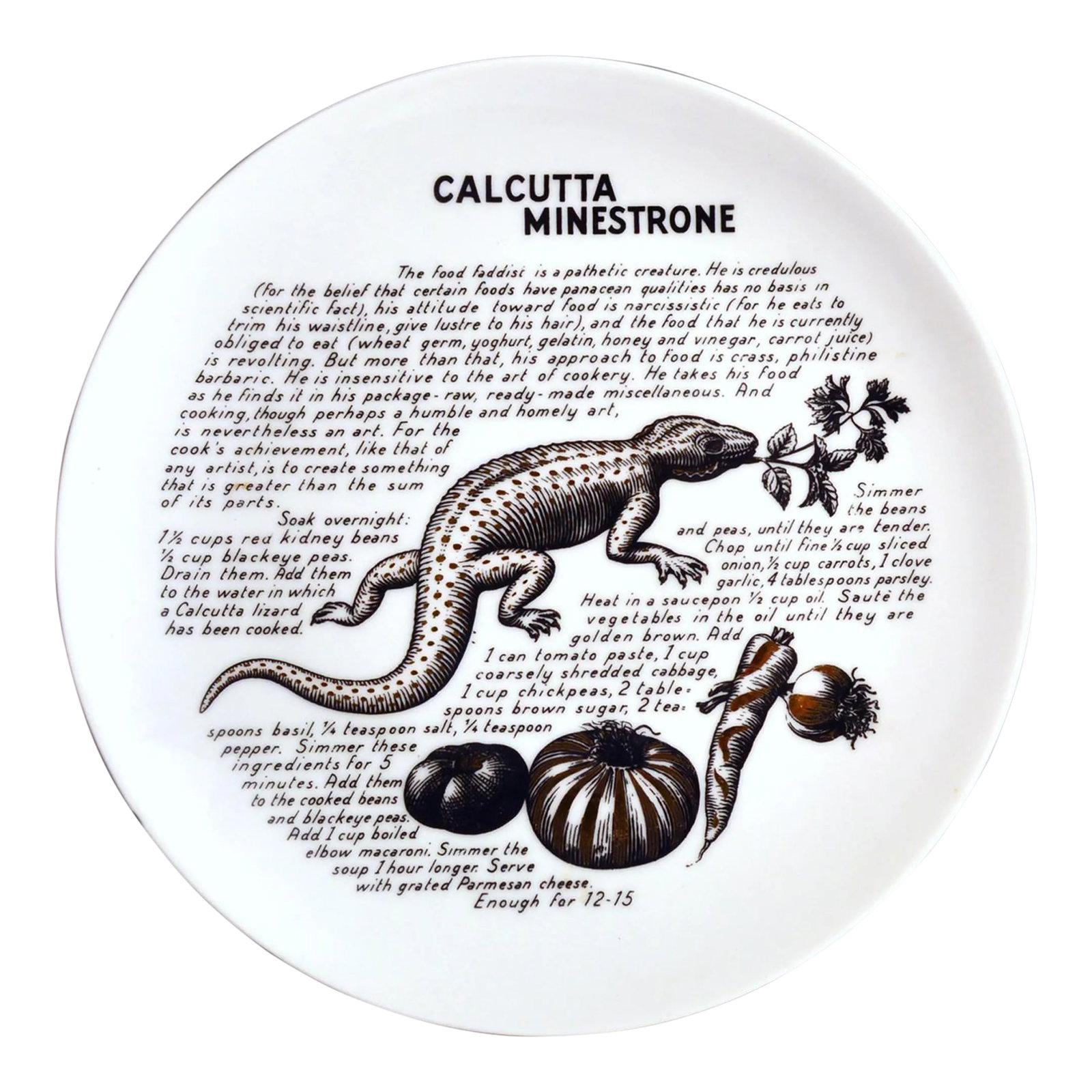 Piero Fornasetti Fleming Joffe Porcelain Recipe Plate, Calcutta Minestone. 1960s.: Culinary Satire: Fornasetti's 'Calcutta Minestrone' Recipe Plate ________________________________________ This is an exceptionally rare and humorous Piero Fornasetti Porcelain Plate, part of a