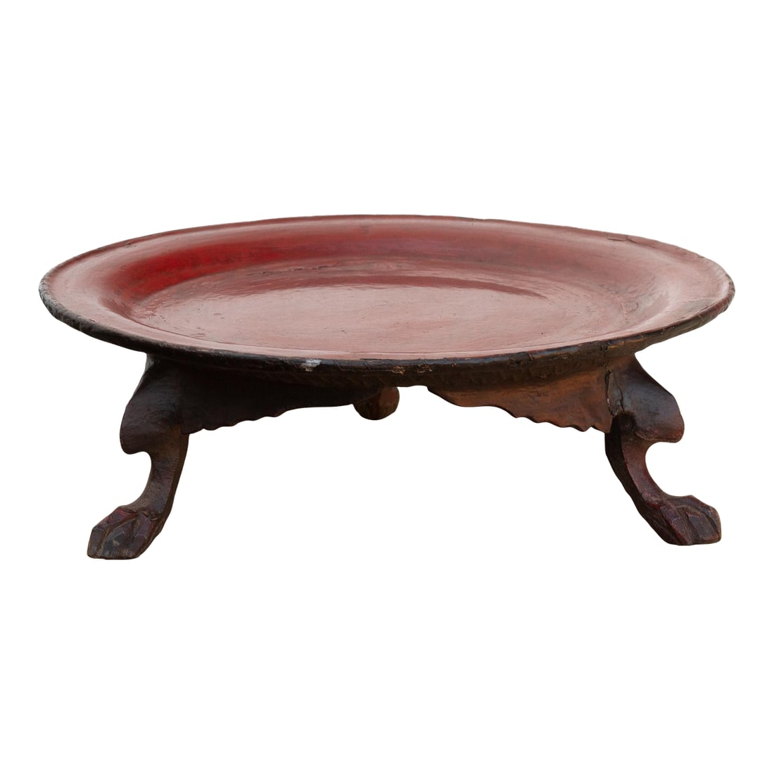 Tripod Red Lacquered Burmese Tray: This antique Burmese offering tray, a captivating blend of artistry and spiritual significance, invites a touch of Eastern elegance and cultural richness into your home. The tray's striking black