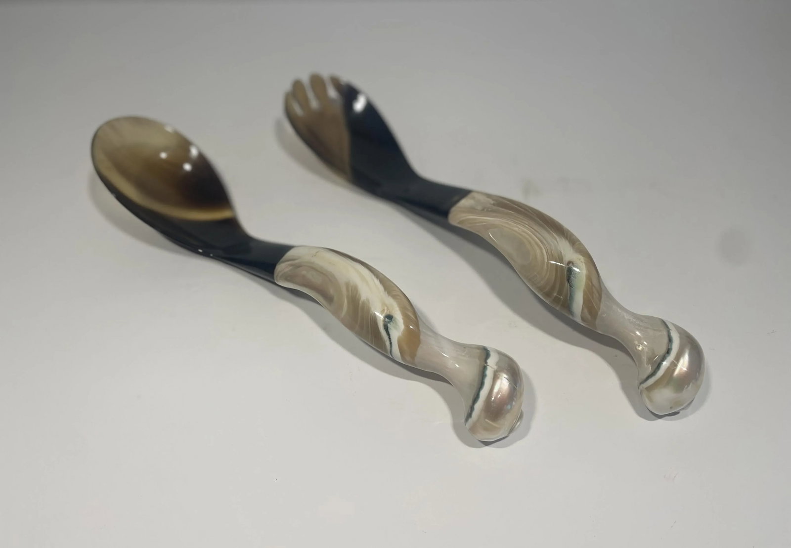 Late 20th Century Artisan Crafted Horn and Shell Serving Utensils - a Pair - 2