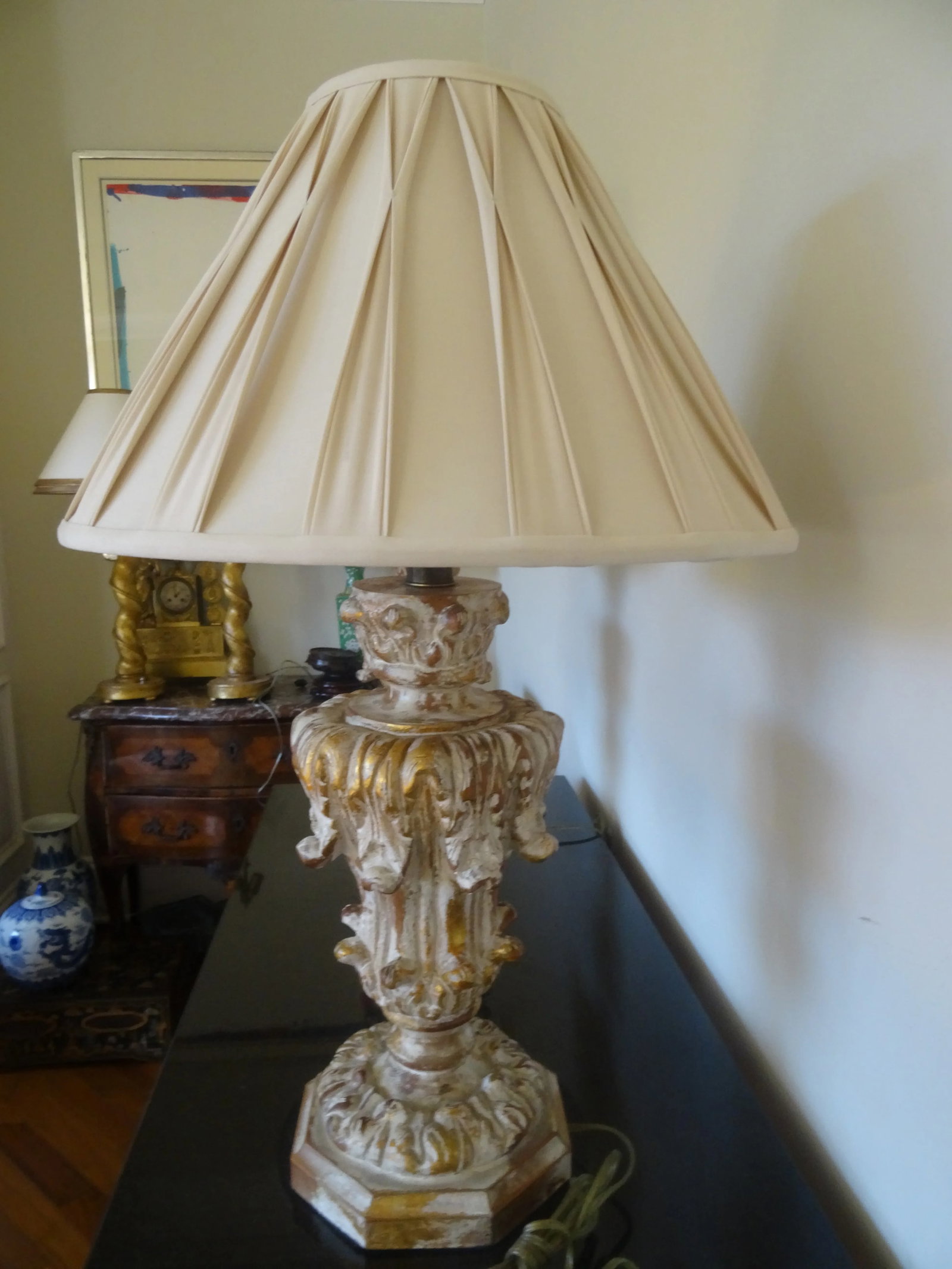 Late 20th Century Hand Carved Wood & Gilt Finial Style Lamps a Pair - 3