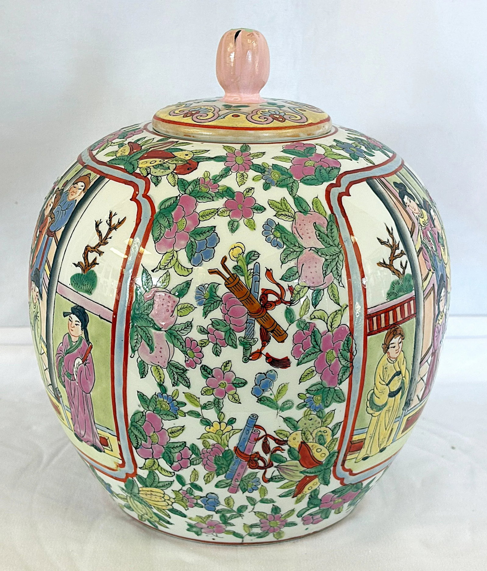 Mid Century Chinese Rose Famille Hand Painted Porcelain Lidded Ginger Jar - 2