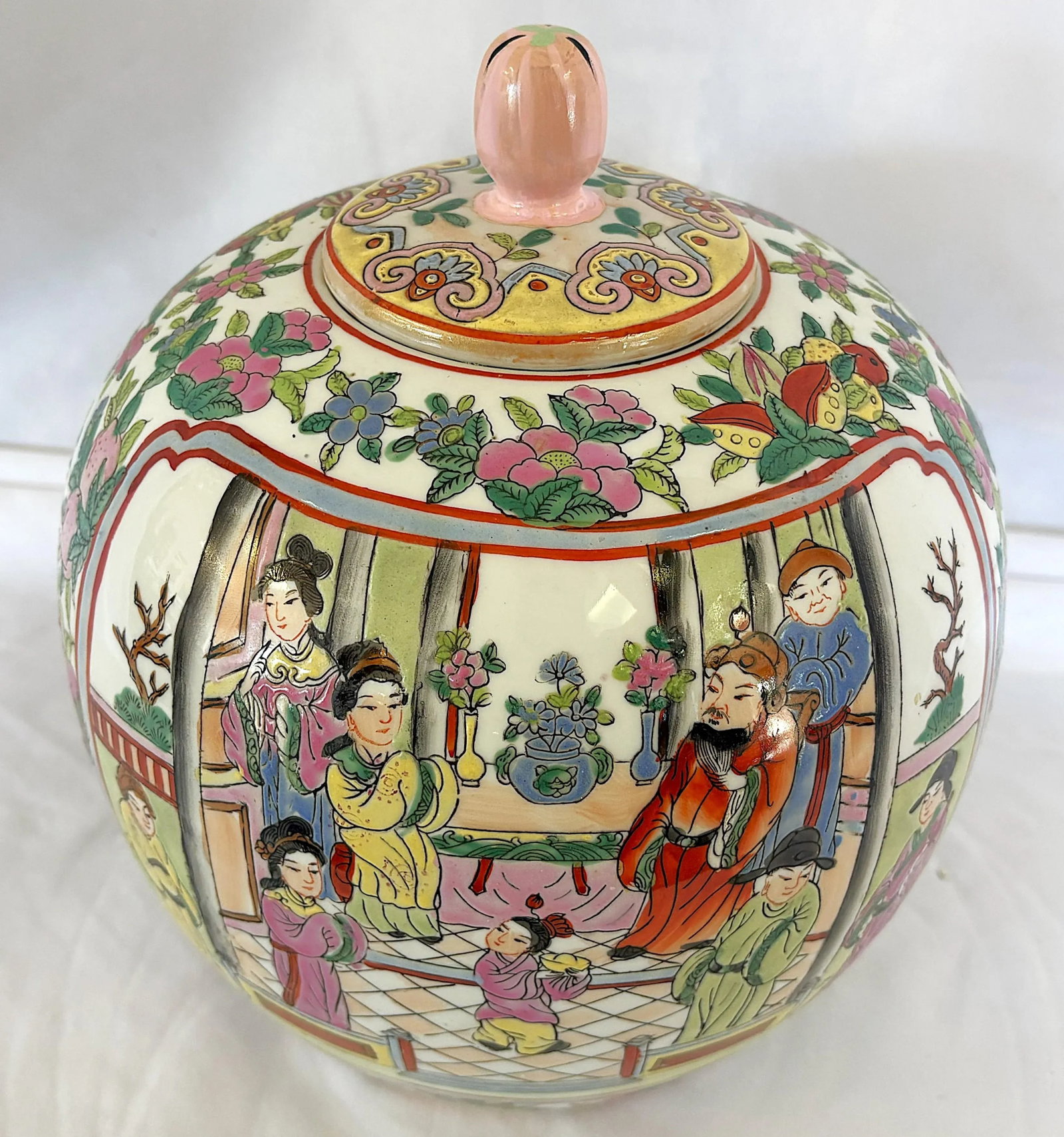 Mid Century Chinese Rose Famille Hand Painted Porcelain Lidded Ginger Jar - 3