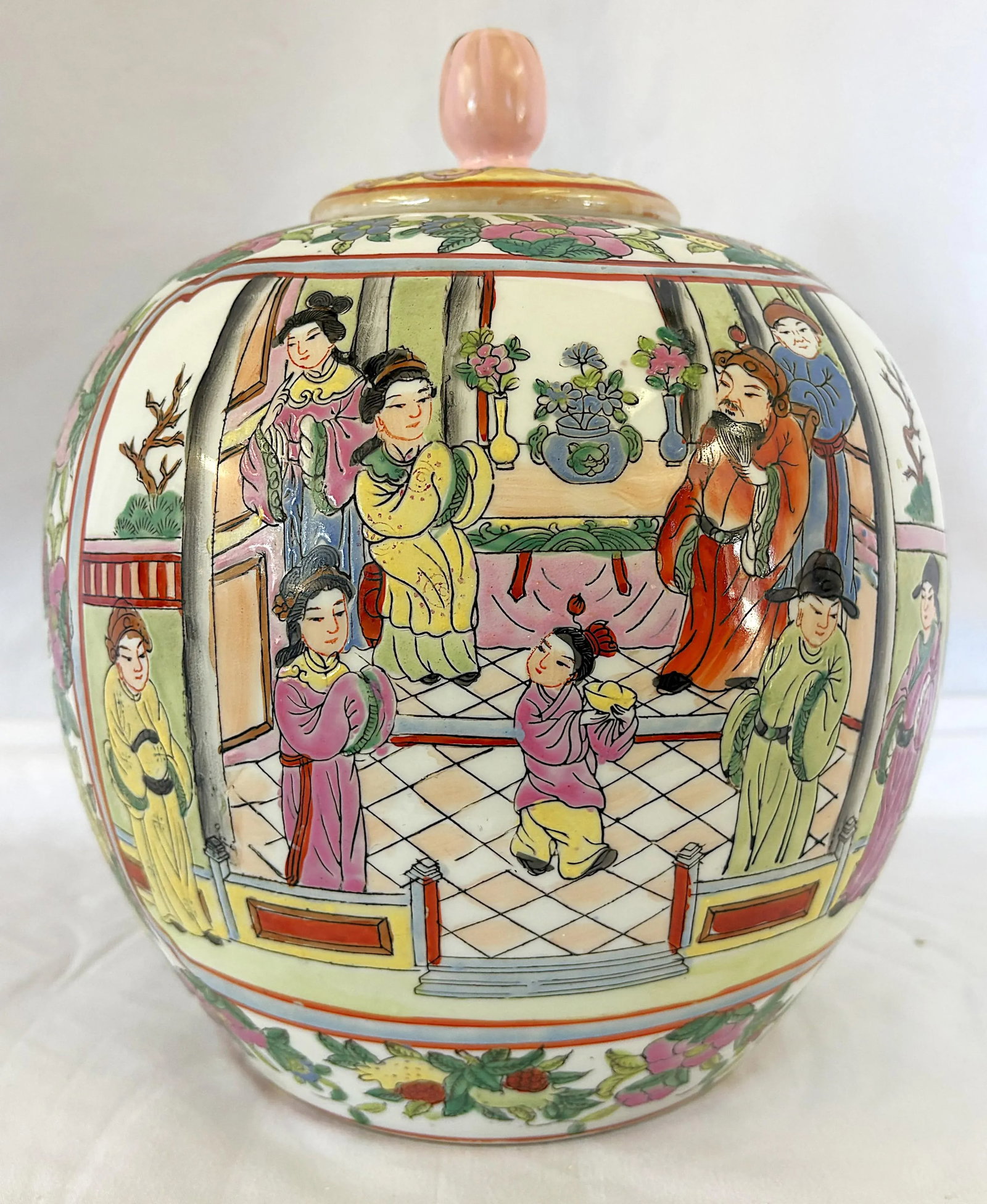 Mid Century Chinese Rose Famille Hand Painted Porcelain Lidded Ginger Jar - 4