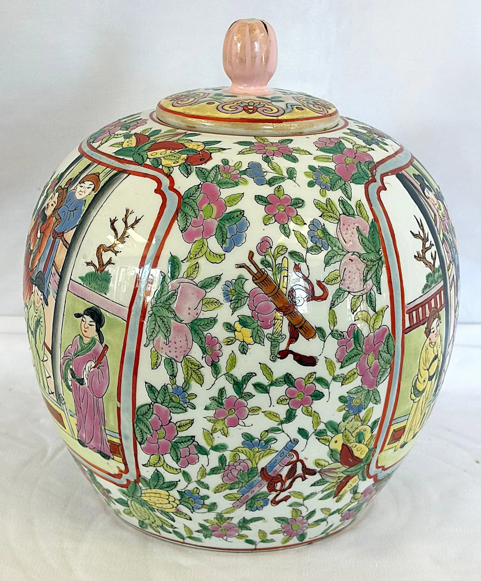 Mid Century Chinese Rose Famille Hand Painted Porcelain Lidded Ginger Jar - 5