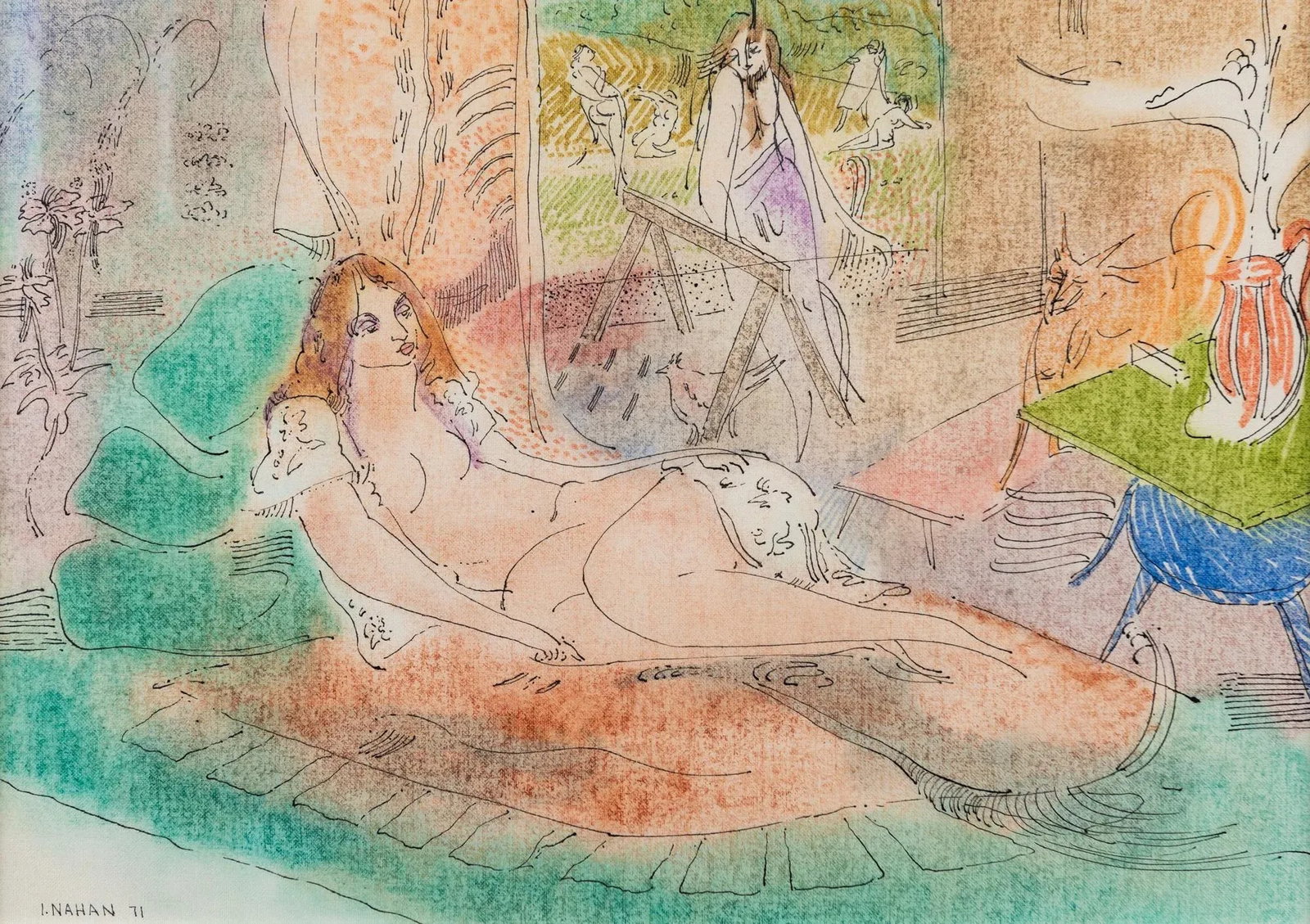 Framed and Signed Hand Colored Lithograph of Nude by Irving Nahan - 2
