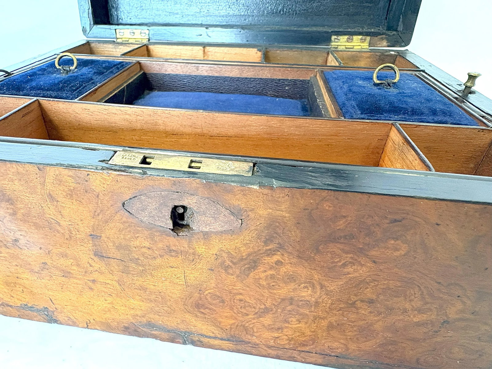 Antique English Burlwood Writing Box With Blue Velvet Lining and Mother-of-Pearl Inlay - 12