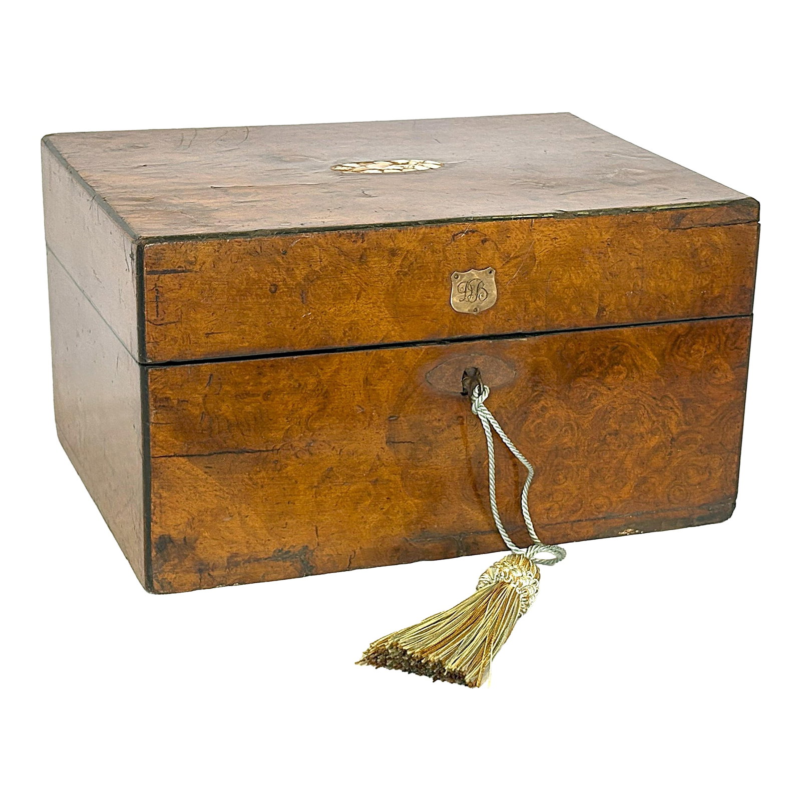 Antique English Burlwood Writing Box With Blue Velvet Lining and Mother-of-Pearl Inlay