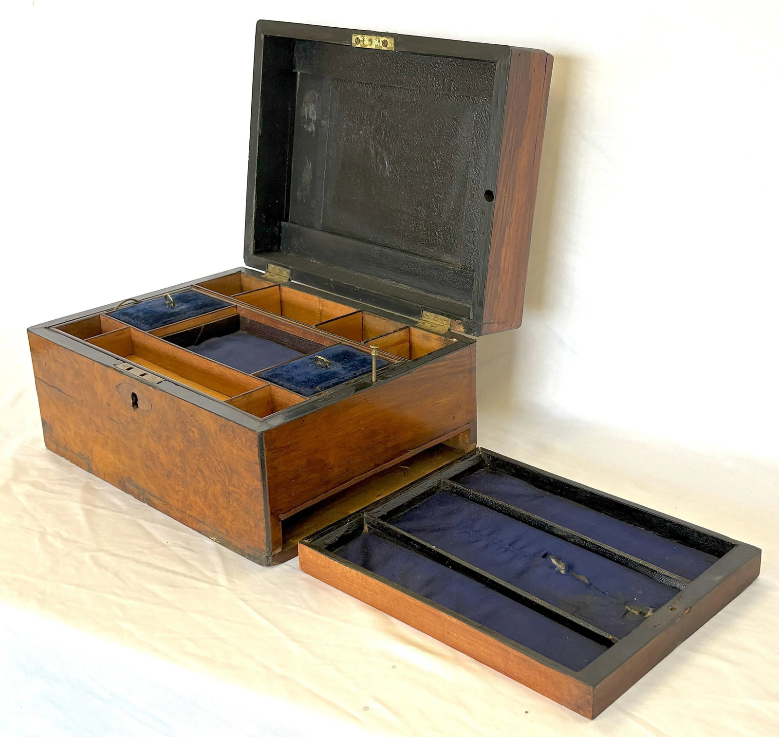 Antique English Burlwood Writing Box With Blue Velvet Lining and Mother-of-Pearl Inlay - 2