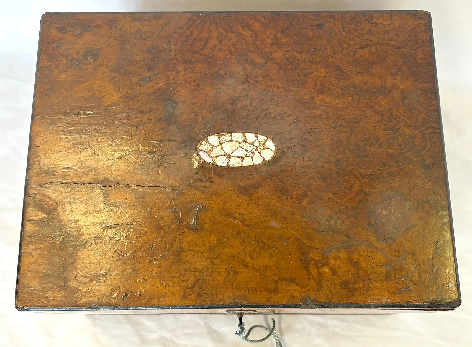Antique English Burlwood Writing Box With Blue Velvet Lining and Mother-of-Pearl Inlay - 4