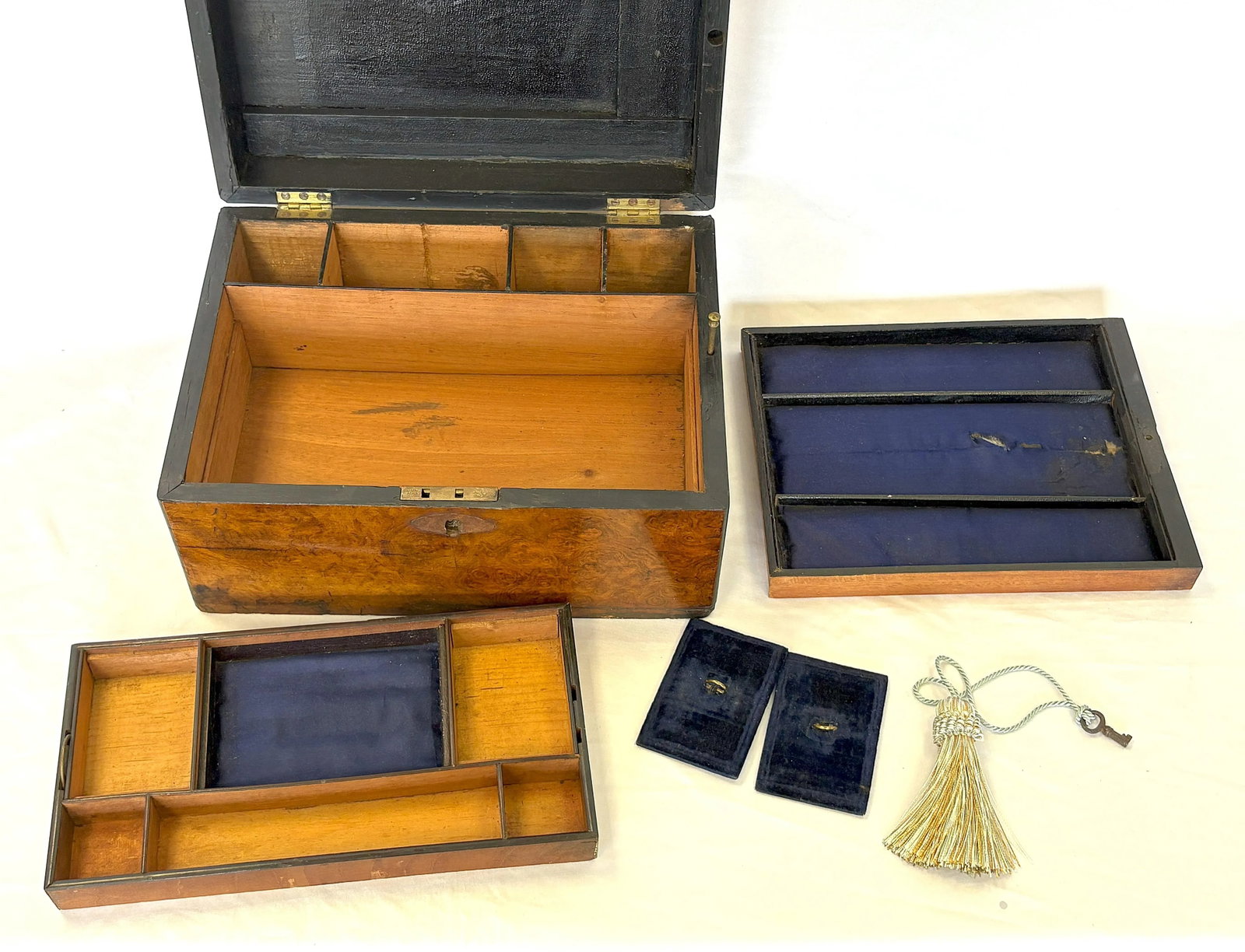 Antique English Burlwood Writing Box With Blue Velvet Lining and Mother-of-Pearl Inlay - 5