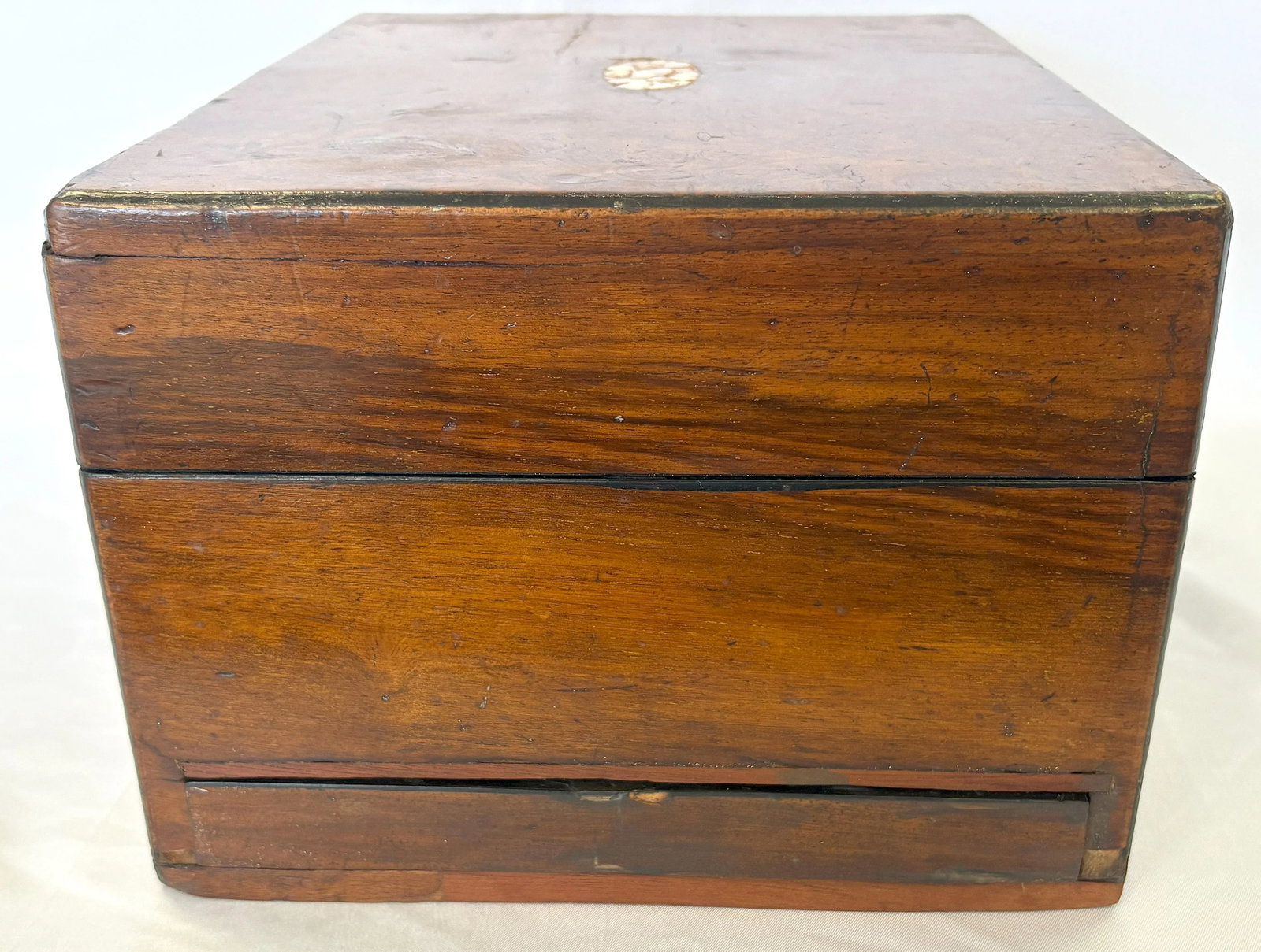 Antique English Burlwood Writing Box With Blue Velvet Lining and Mother-of-Pearl Inlay - 7