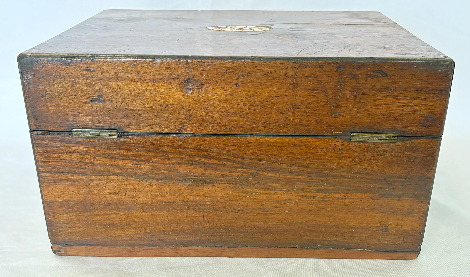 Antique English Burlwood Writing Box With Blue Velvet Lining and Mother-of-Pearl Inlay - 8