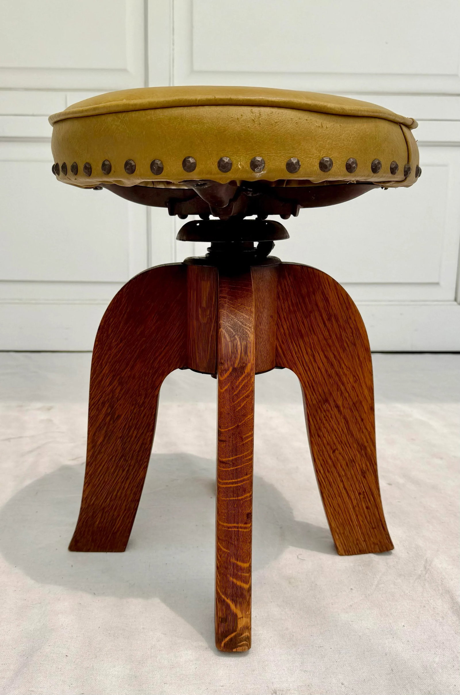 Arts and Crafts Mustard Yellow Nailhead Swivel Solid Wood Stool - 2
