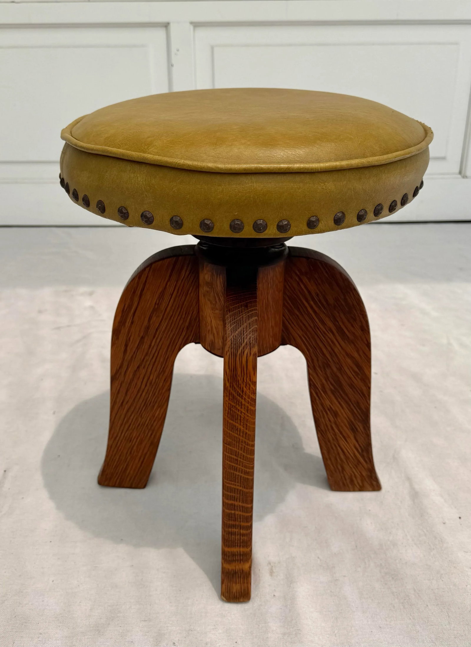 Arts and Crafts Mustard Yellow Nailhead Swivel Solid Wood Stool - 7