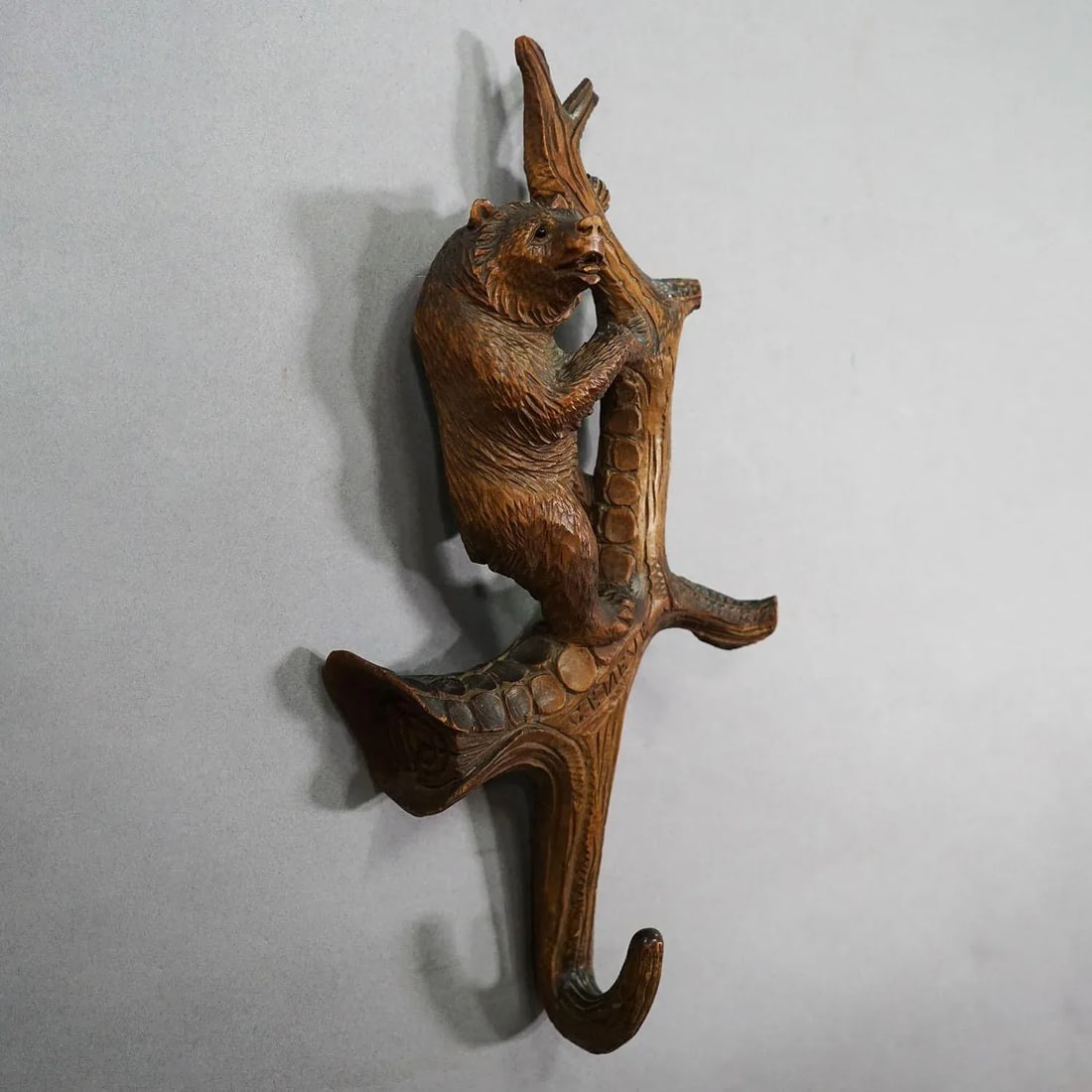Lovely Black Forest Carved Whip Holder With Bear Ca. 1900s - 2