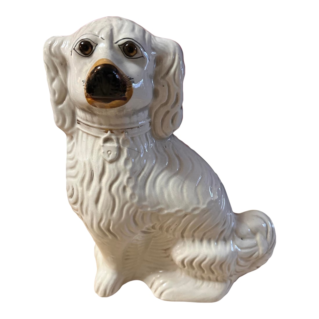 Antique Decorated Staffordshire Spaniel Dog, Circa 1860's: A Fine Antique Decorated Staffordshire dog, circa 1860's Made in the Staffordshire district of Stoke on Trent, England, circa 1860-1890 Colour: white with gold highlights Size: 13 1/2" tall, 11"