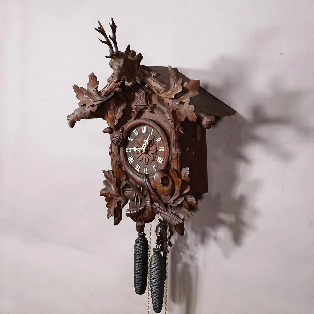 Antique Black Forest Carved Cuckoo Clock With Stag Head on Top - 2
