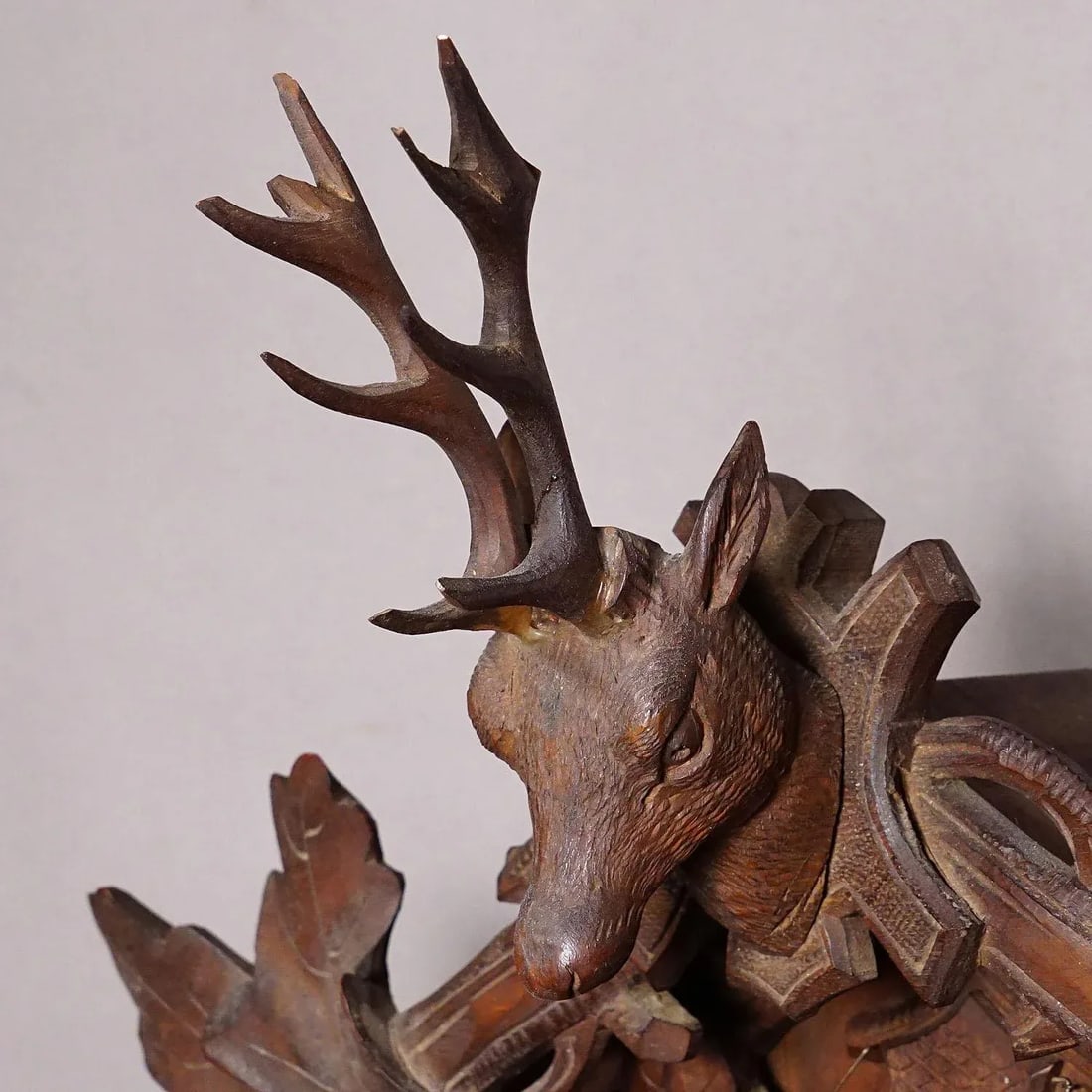 Antique Black Forest Carved Cuckoo Clock With Stag Head on Top - 3
