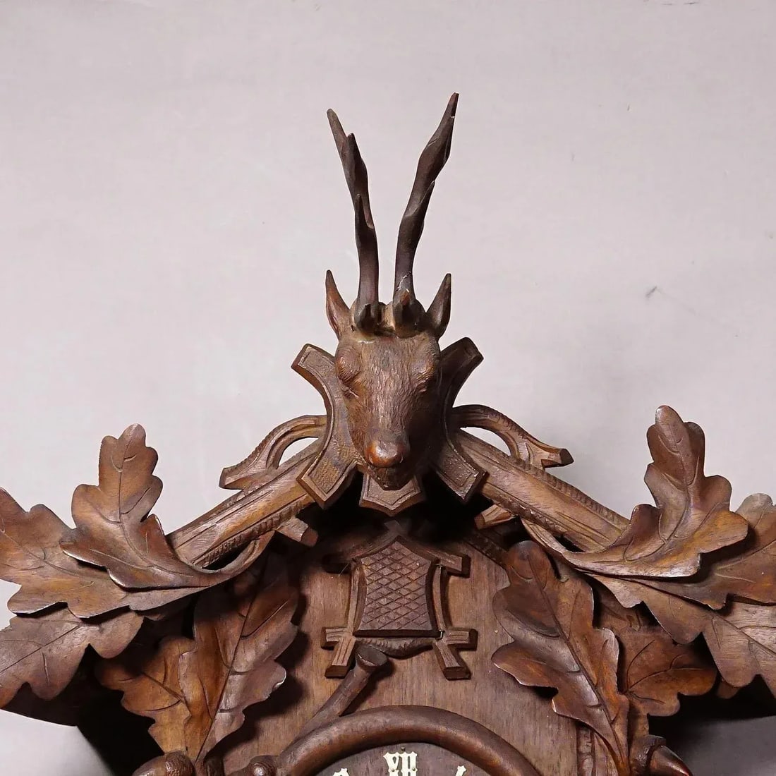 Antique Black Forest Carved Cuckoo Clock With Stag Head on Top - 4