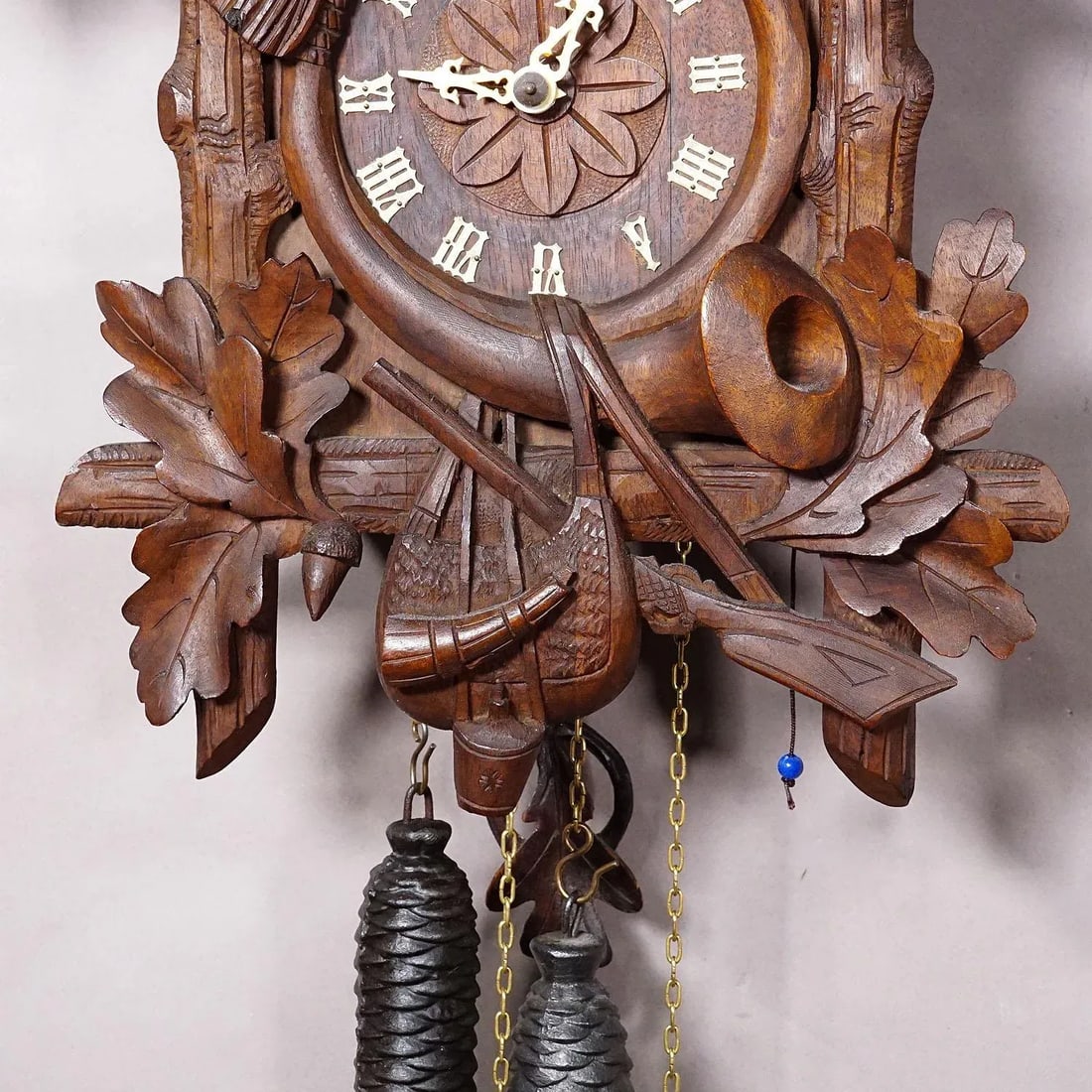 Antique Black Forest Carved Cuckoo Clock With Stag Head on Top - 6