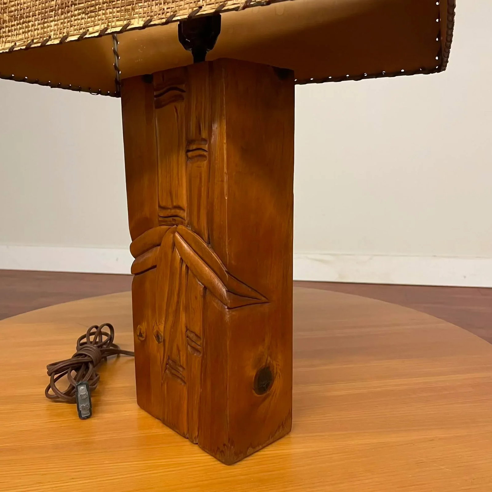 Mid-Century Carved Wood Table Lamp With Original Parchment & Cane Shade - 2