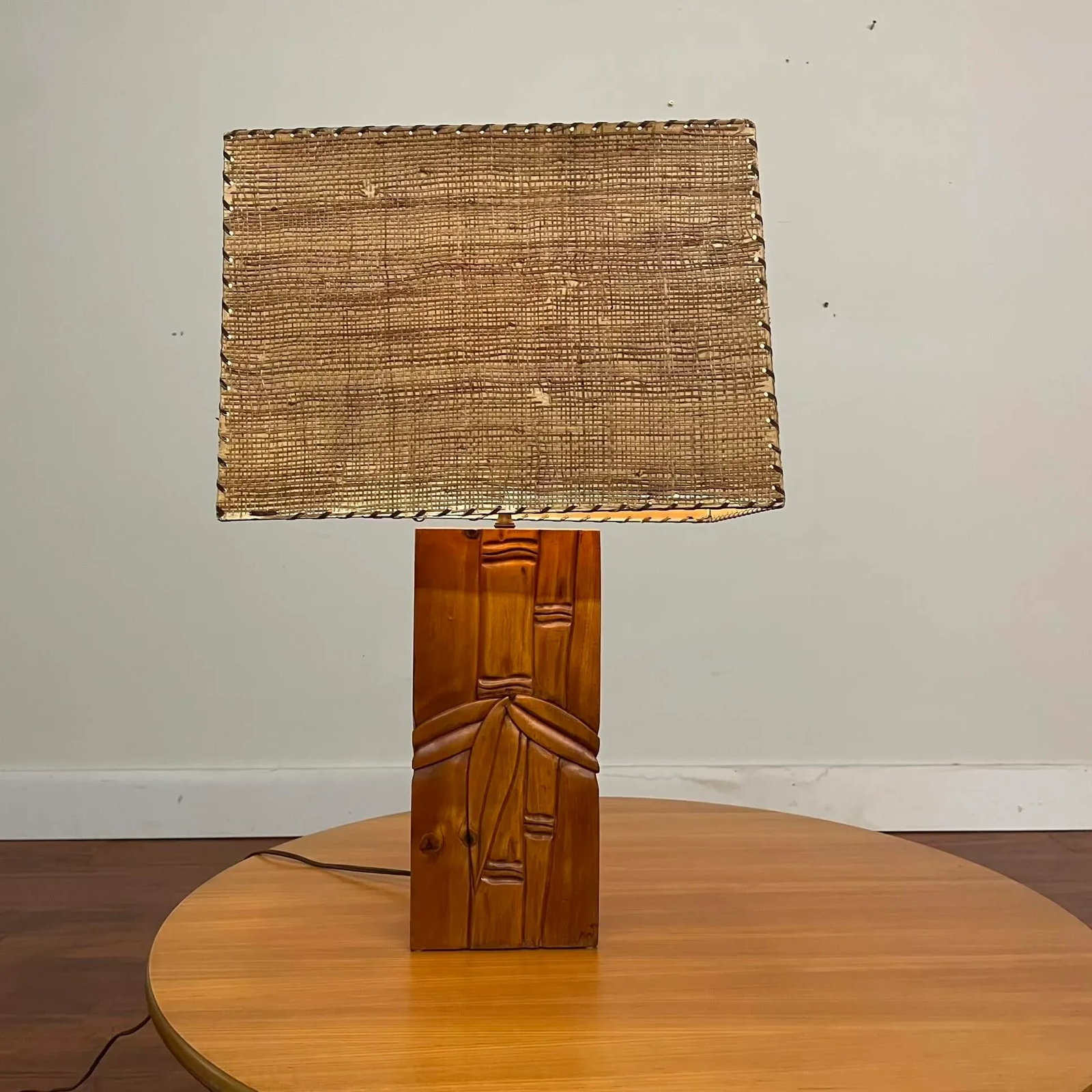 Mid-Century Carved Wood Table Lamp With Original Parchment & Cane Shade - 7