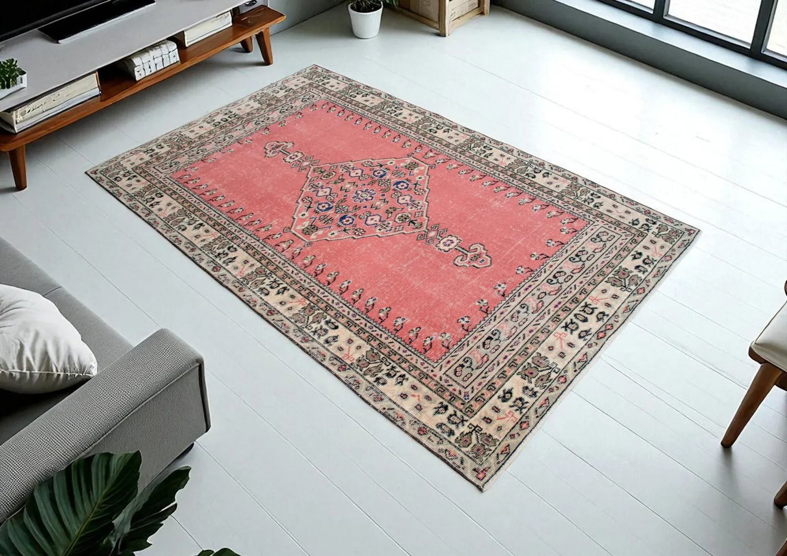 Distressed Area Rug Hand Knotted Muted Color Oushak Medallion Rug - 3'10'' X 6'3'' - 2