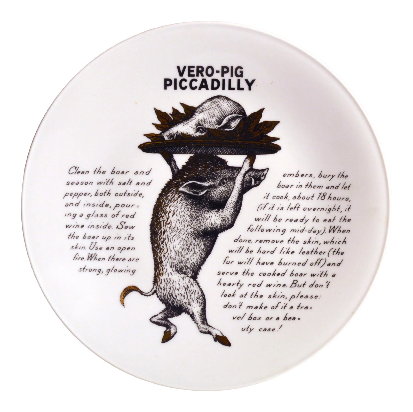 Piero Fornasetti Fleming Joffe Porcelain Recipe Plate, Vero-Pig Piccadilly, the 1960s. (1 of 6)