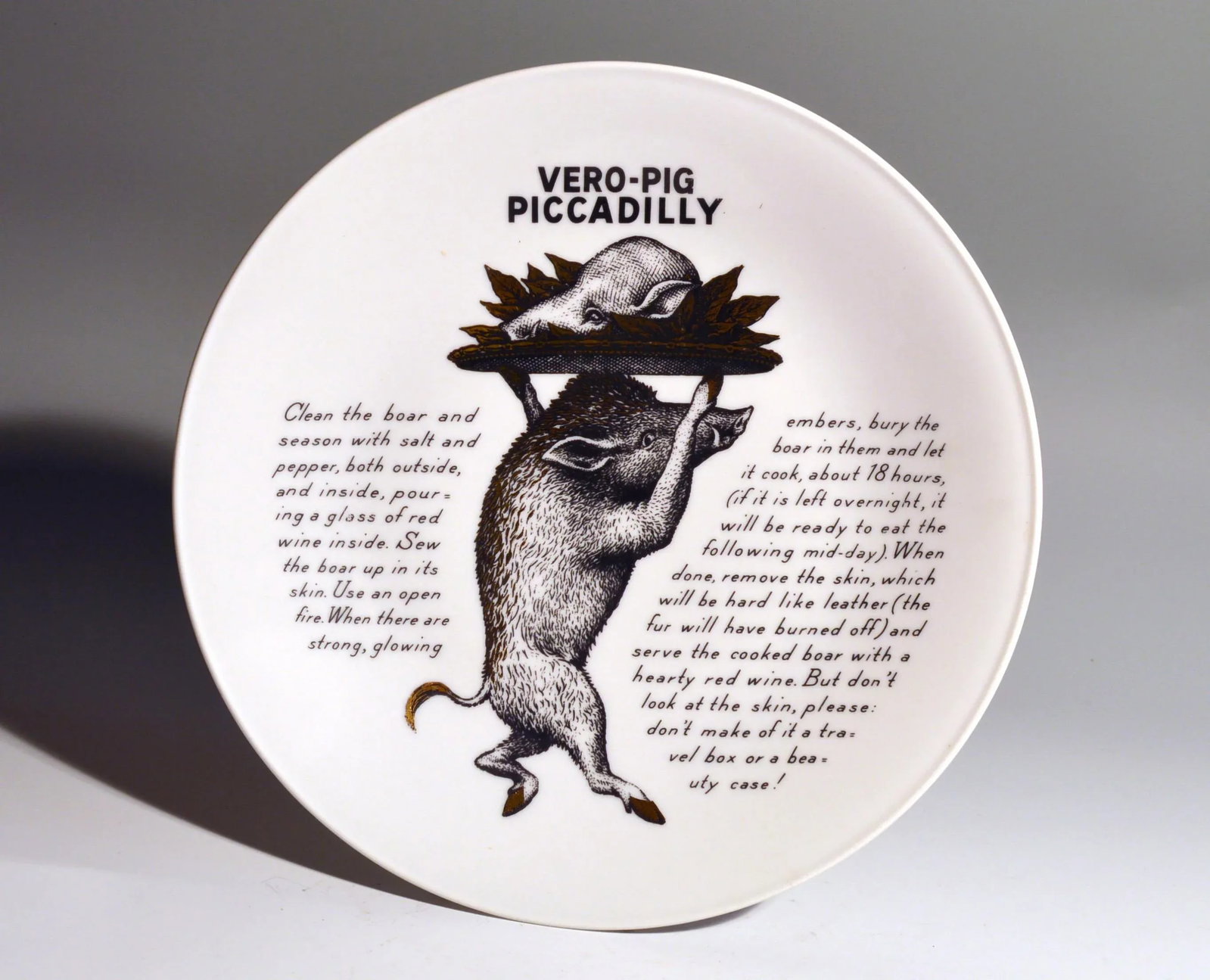 Piero Fornasetti Fleming Joffe Porcelain Recipe Plate, Vero-Pig Piccadilly, the 1960s. - 2