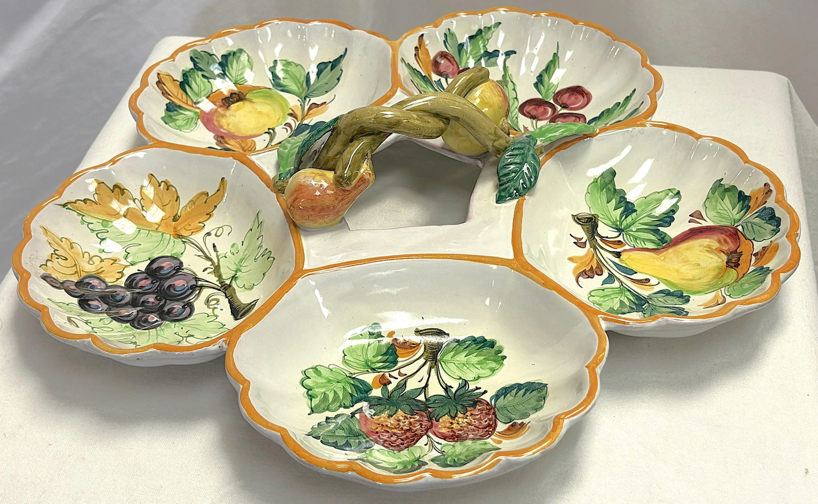 Vintage Italian Ceramic Majolica Hand Painted Separated Dish With Handle - 14