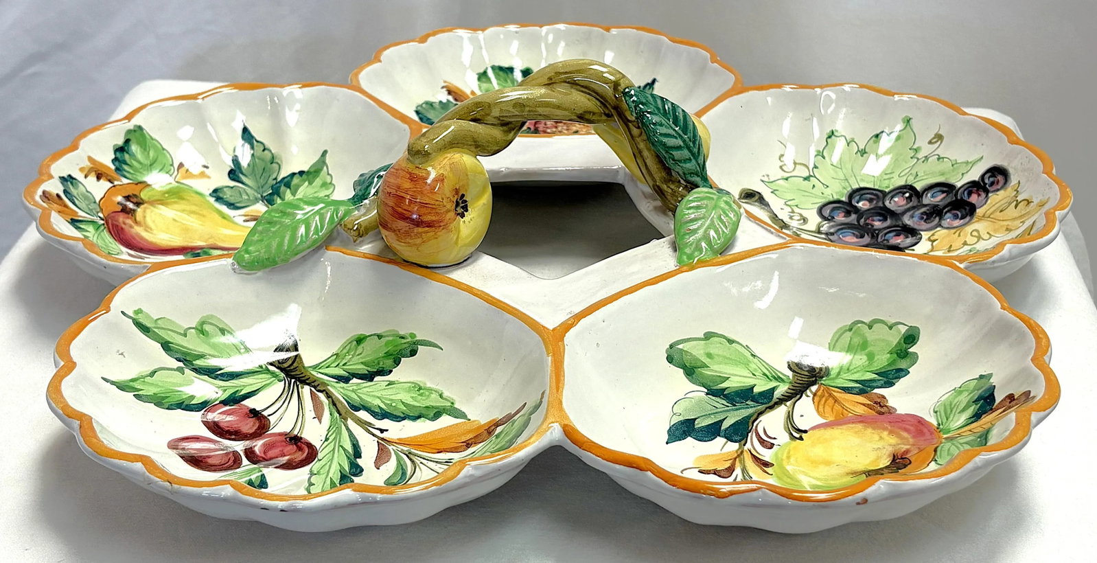 Vintage Italian Ceramic Majolica Hand Painted Separated Dish With Handle - 3