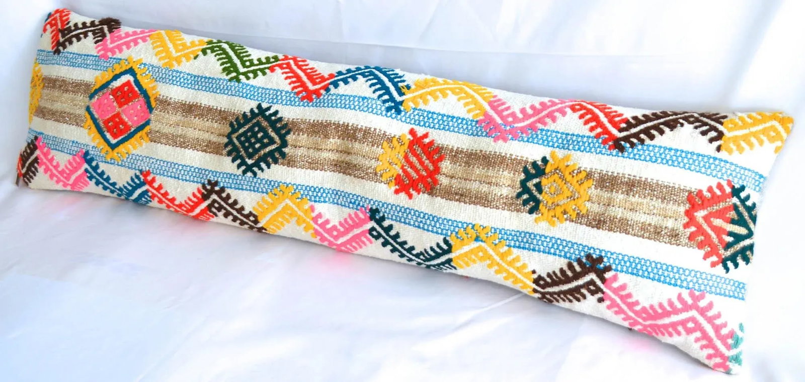 1970s Turkish Kilim Lumbar Pillow Cover Handmade Wedding Pillow 13" X 48" - 3