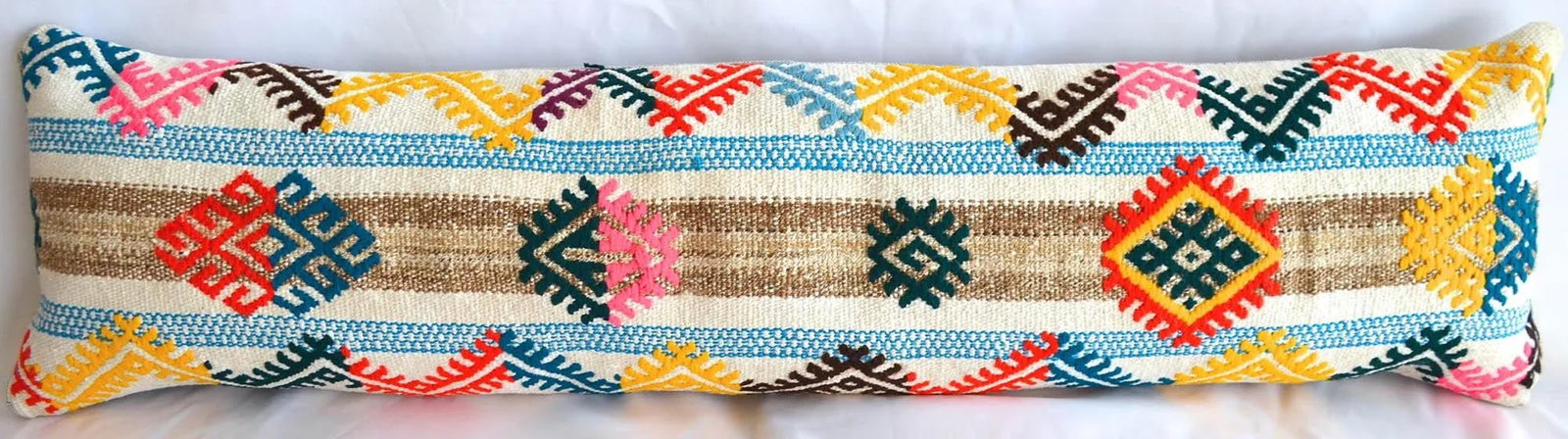 1970s Turkish Kilim Lumbar Pillow Cover Handmade Wedding Pillow 12" X 47" - 2