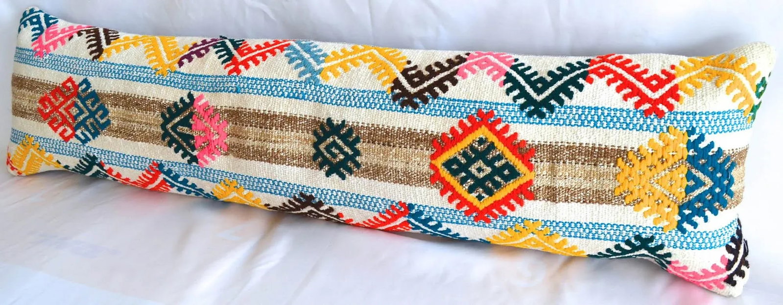 1970s Turkish Kilim Lumbar Pillow Cover Handmade Wedding Pillow 12" X 47" - 3