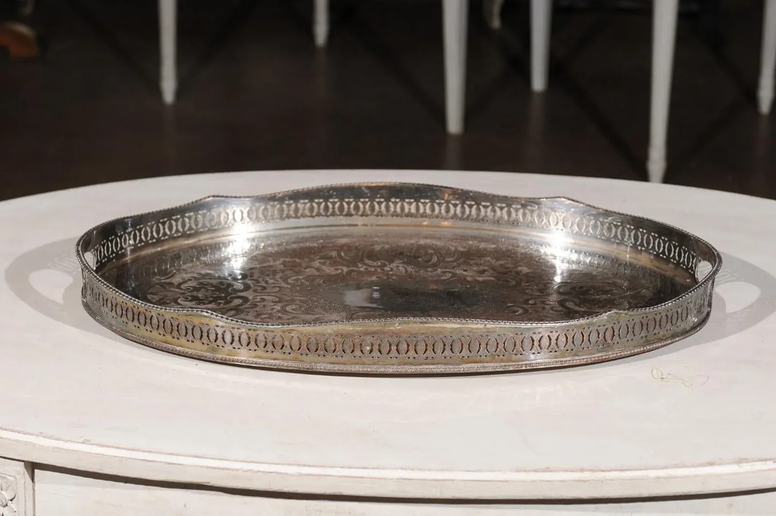 Antique English Edwardian Period Silverplate Tray with Pierced Motifs & C-Scrolls - 10