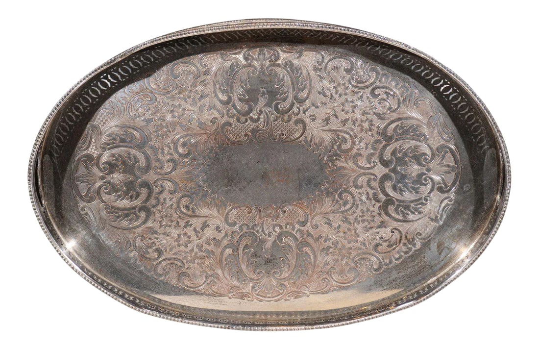Antique English Edwardian Period Silverplate Tray with Pierced Motifs & C-Scrolls (1 of 12)