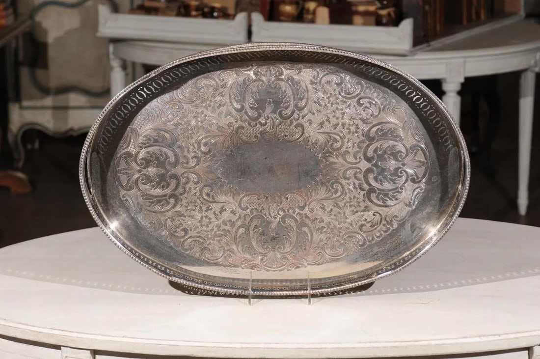 Antique English Edwardian Period Silverplate Tray with Pierced Motifs & C-Scrolls - 2