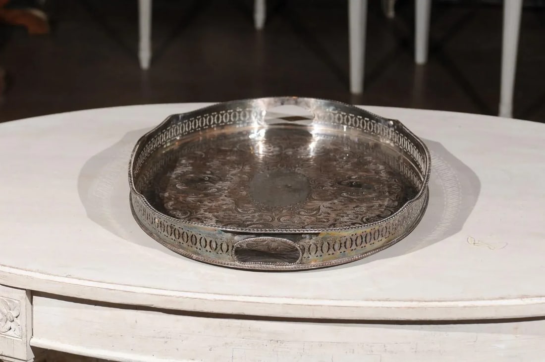 Antique English Edwardian Period Silverplate Tray with Pierced Motifs & C-Scrolls - 3